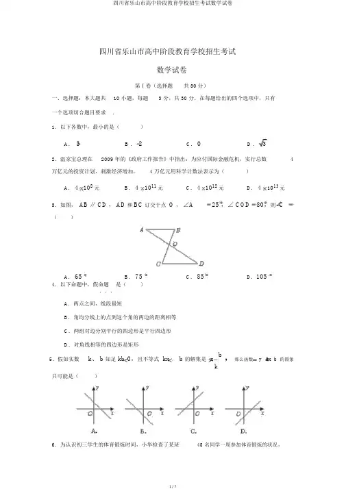 四川省乐山市高中阶段教育学校招生考试数学试卷