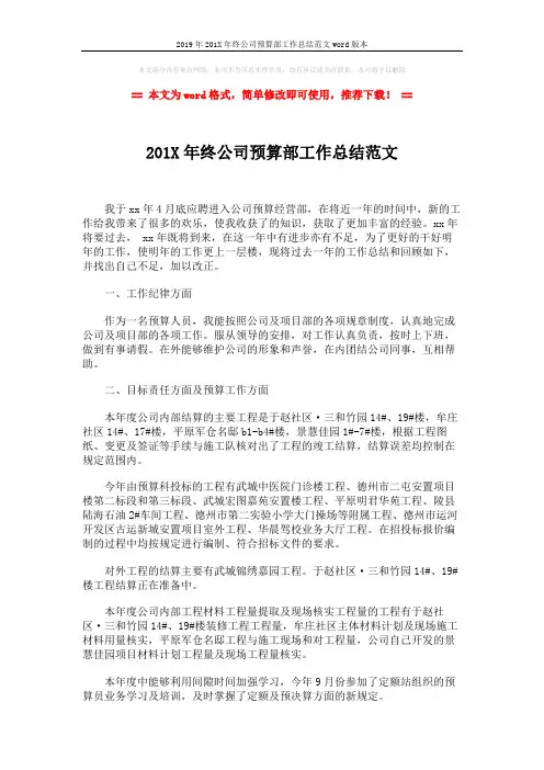 2019年201X年终公司预算部工作总结范文word版本 (3页)