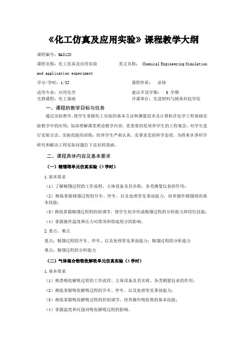 化工仿真及应用课程教学大纲