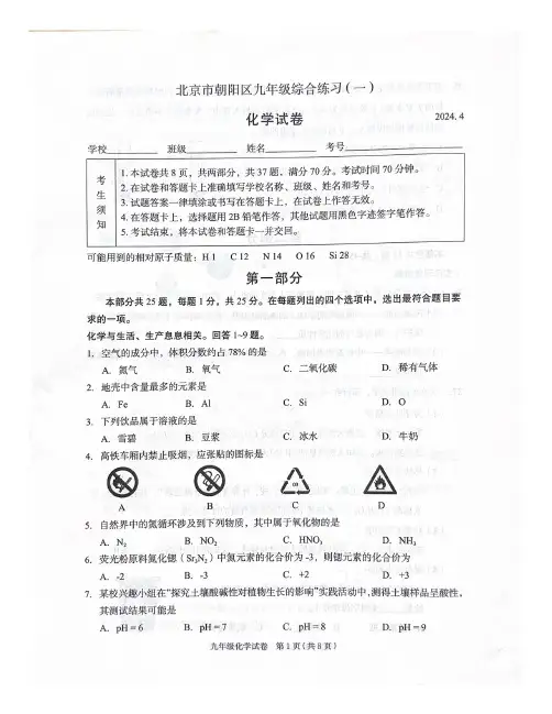 2024北京朝阳区初三一模化学试题及答案