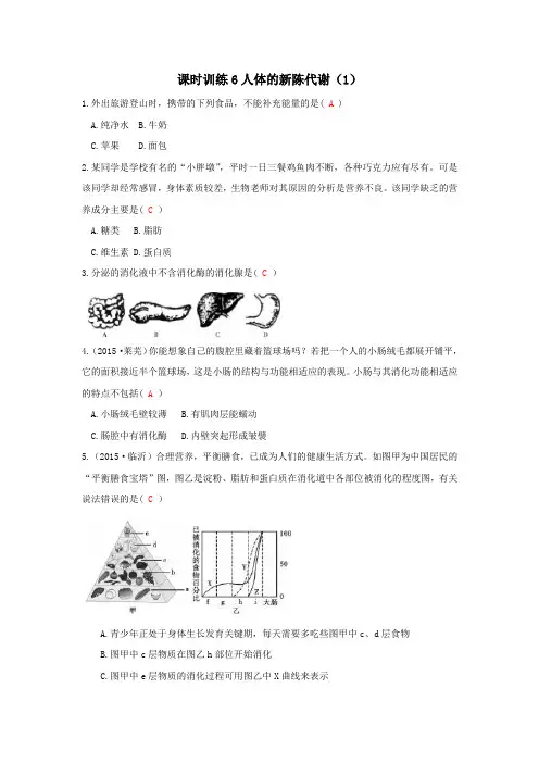 浙教版科学2015年中考复习《中考拐点》课时训练6 人体的新陈代谢(一)