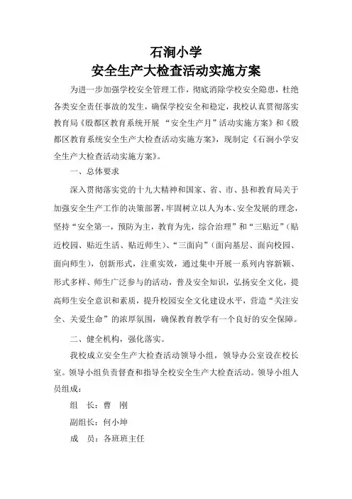 石涧小学安全生产大检查工作实施方案