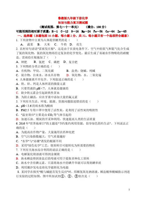 鲁教版九下化学第十单元测试题