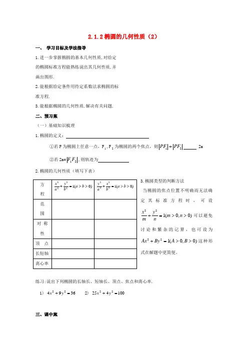 辽宁省北票市高中数学第二章圆锥曲线与方程2.1.2椭圆的几何性质2导学案无答案新人教B版选修1_1