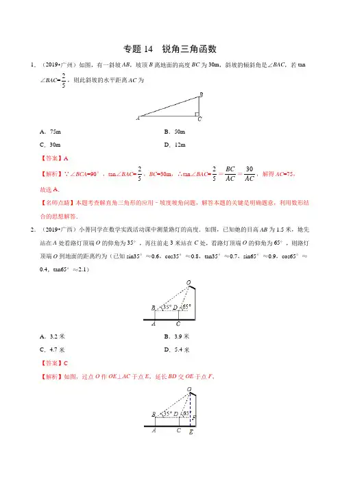 专题14 锐角三角函数(第01期)-2019年中考真题数学试题分项汇编(解析版)
