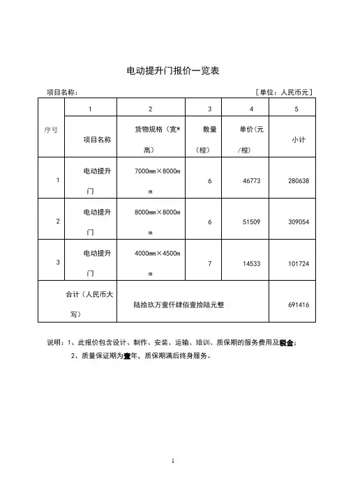 电动提升门报价计算书