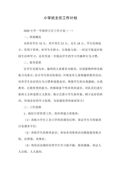 小学班主任工作计划5篇 3