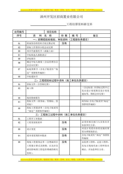 工程结算资料移交单