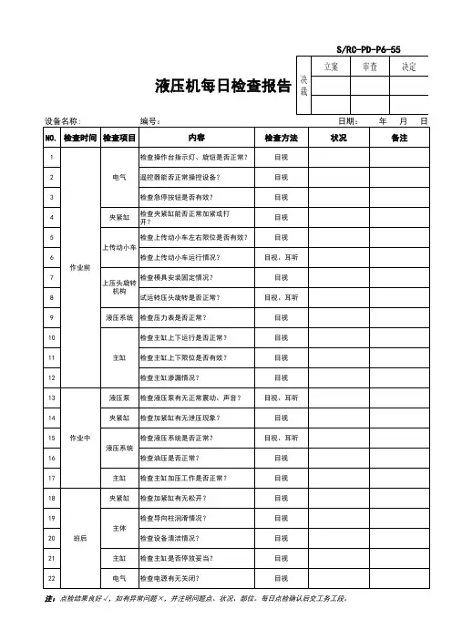 液压机每日检查表