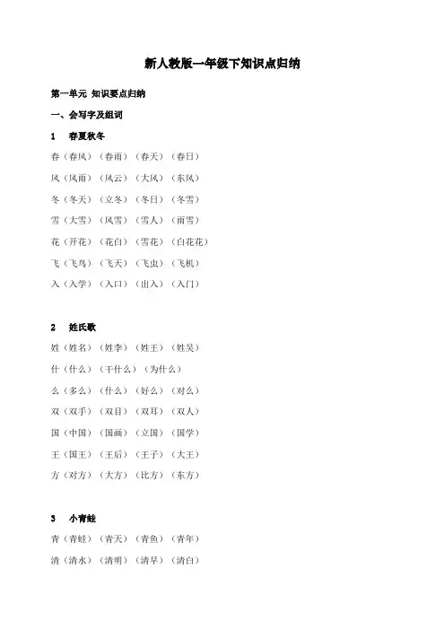 最新部编版小学一年级语文下册知识点归纳