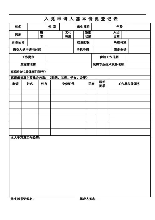 递交入党申请书人员基本信息登记表(2018最新版)
