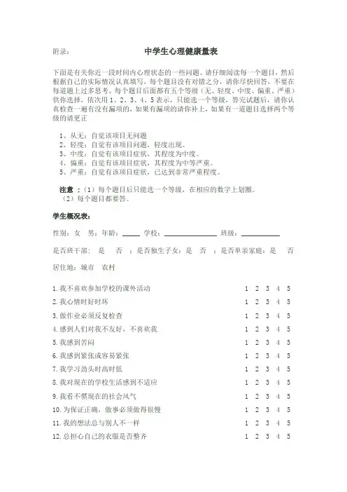 中国中学生心理健康量表MSSMHS