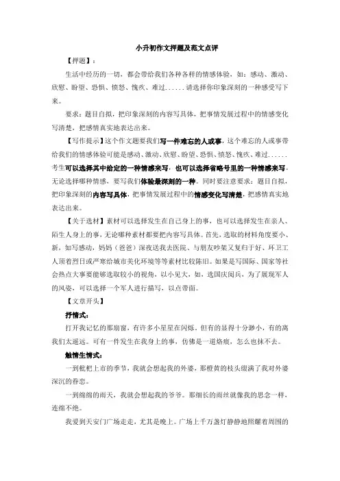 小升初：作文押题指导及范文引路——最难忘的一件事(感动、欣慰、恐惧、愤怒、愧疚、难过、幸福......)