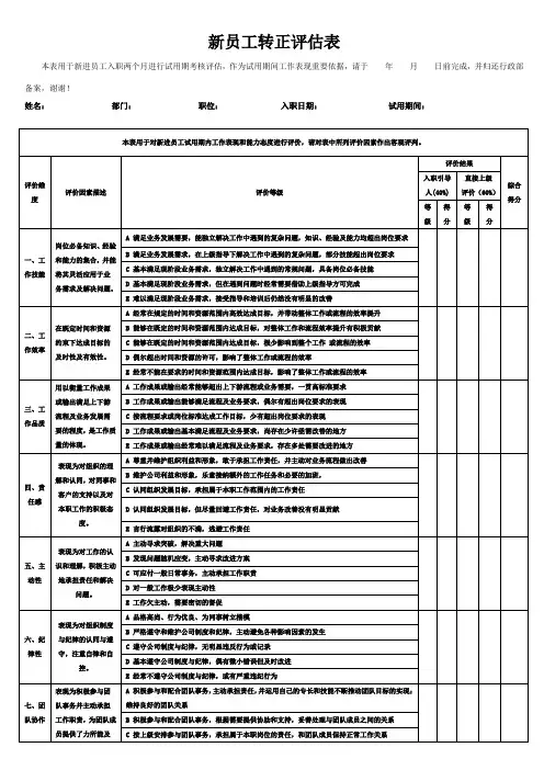 新员工转正评估表