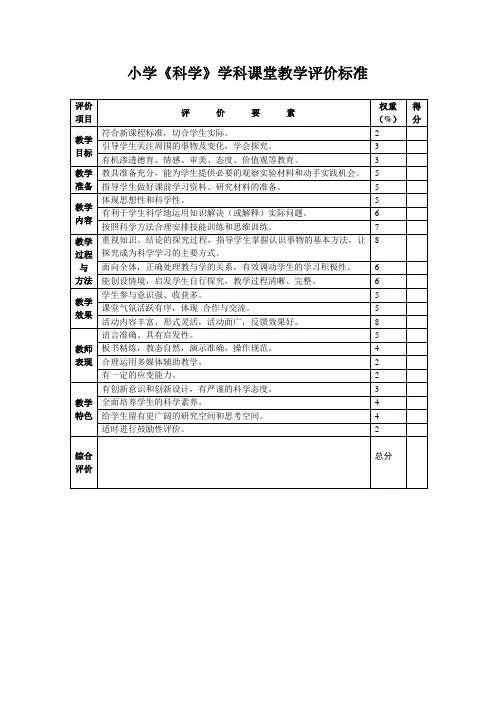 小学《科学》学科课堂教学评价标准
