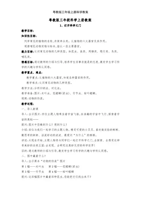 粤教版三年级上册科学教案