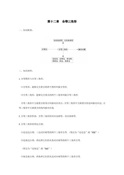 2019年八年级数学上册第十二章全等三角形知识点总结(新版)新人教版