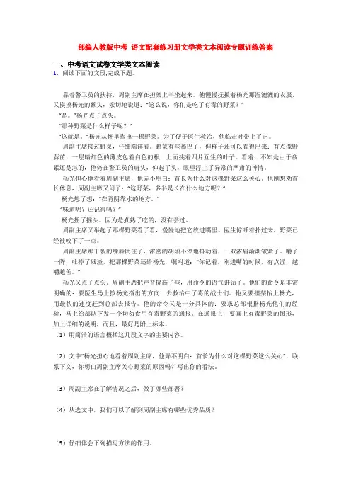 部编人教版中考 语文配套练习册文学类文本阅读专题训练答案