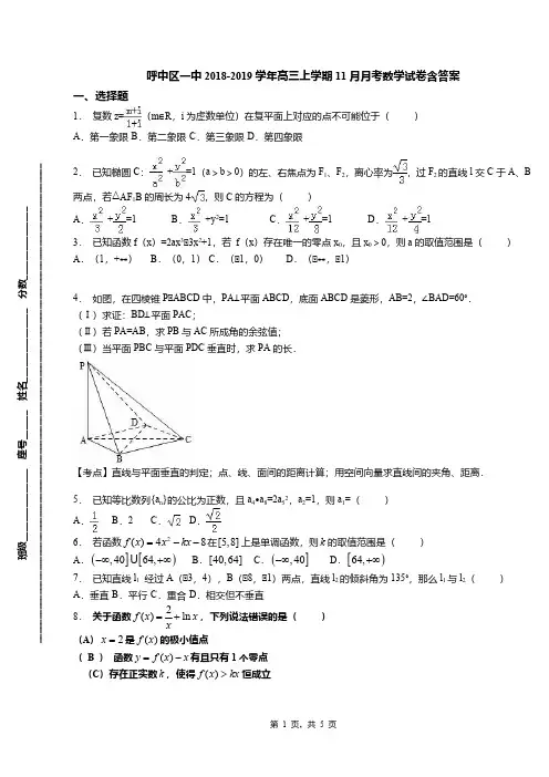 呼中区一中2018-2019学年高三上学期11月月考数学试卷含答案