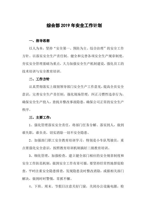 综合部2019年安全工作计划