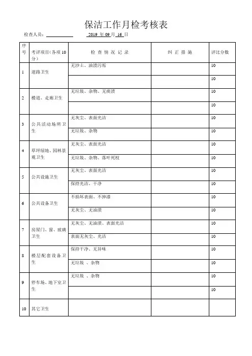 保洁工作月检考核表