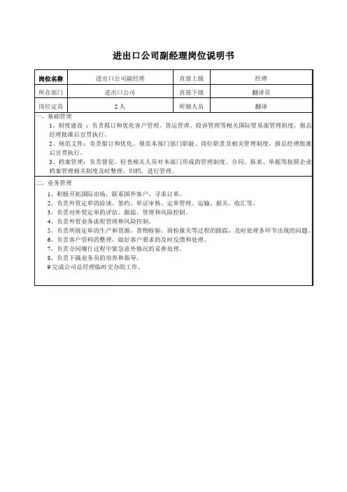 岗位说明书—进出口副经理岗位说明书