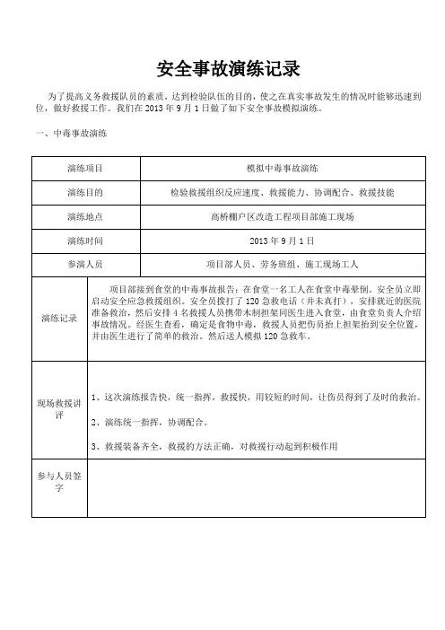安全事故应急救援预案演练记录表(优秀范文)