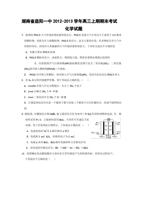 湖南省益阳一中2012-2013学年高三上期期末考试化学试题