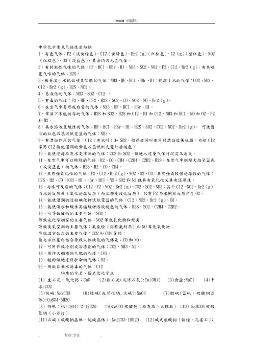 中学化学常见气体性质归纳