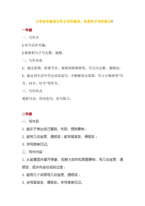 小学各年级语文作文写作要求、各类作文写作要点
