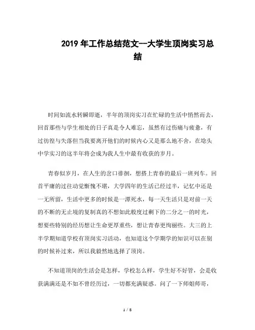 2019年工作总结范文--大学生顶岗实习总结