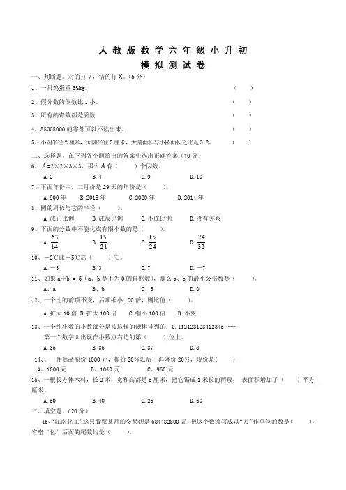 人教版数学六年级小升初模拟试卷及答案