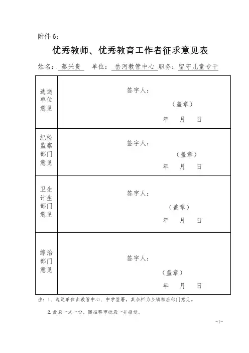 优秀教师、优秀教育工作者征求意见表