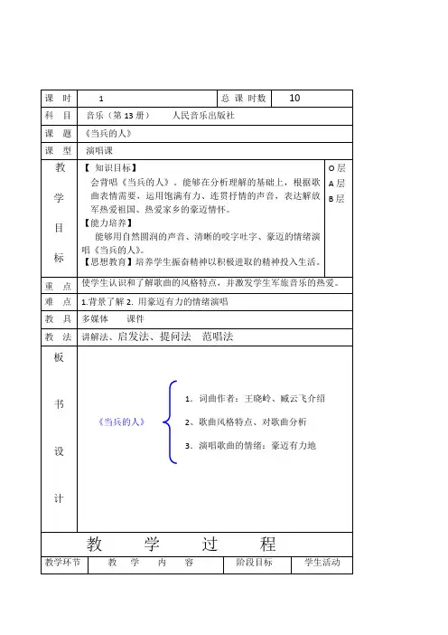 人音版初中音乐七年级上《当兵的人》表格式教学设计
