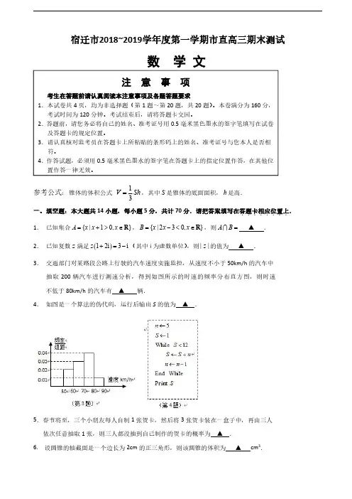2019届江苏省宿迁市高三上学期期末考试数学(文)试题