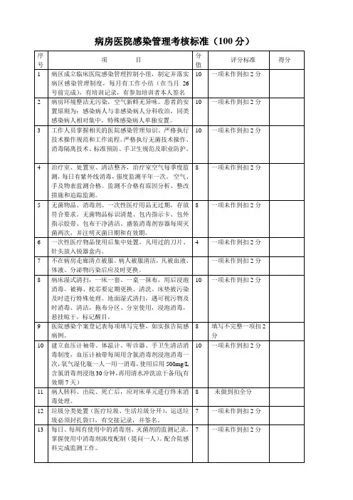 病房医院感染管理考核标准