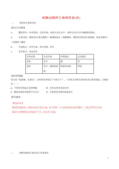 八年级生物下册 专题7.1.3 两栖动物的生殖和发育(讲)(