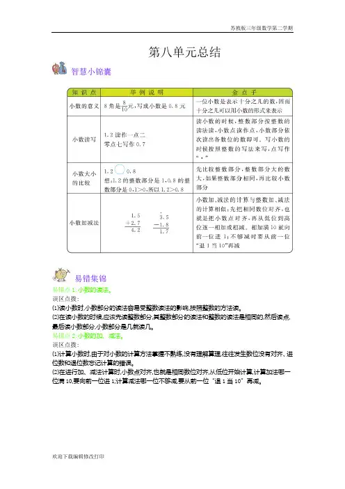 苏教版三年级数学下册《第8单元 小数的初步认识》单元复习知识点归纳总结