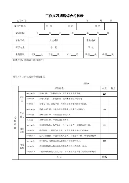 实习生实习期满综合考核表