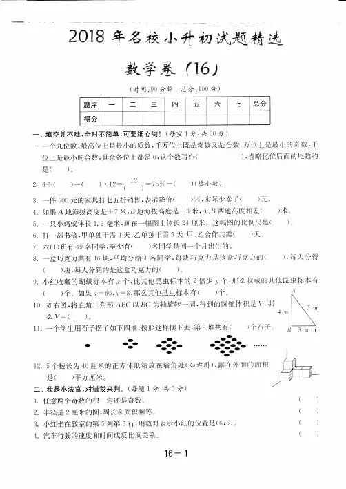 2018-2019萍乡市小升毕业小升初数学总复习模拟试题(16)附答案