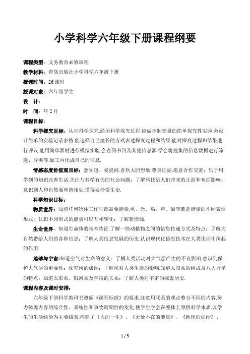 小学科学六年级下册课程纲要