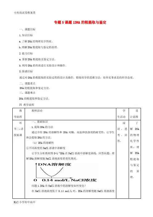 【配套K12】高中生物专题5DNA和蛋白质技术课题1DNA的粗提取与鉴定教案新人教版选修1