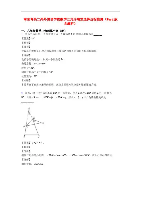 南京育英二外外国语学校数学三角形填空选择达标检测(Word版 含解析)