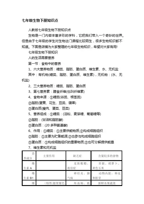七年级生物下册知识点