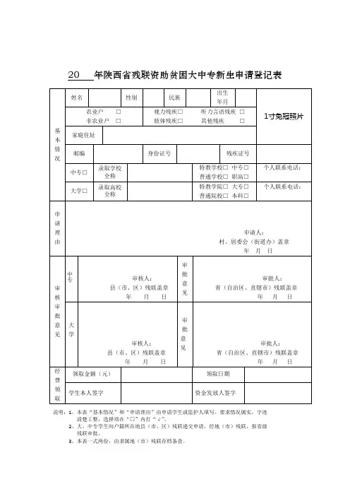 20年陕西省残联资助贫困大中专新生申请登记表