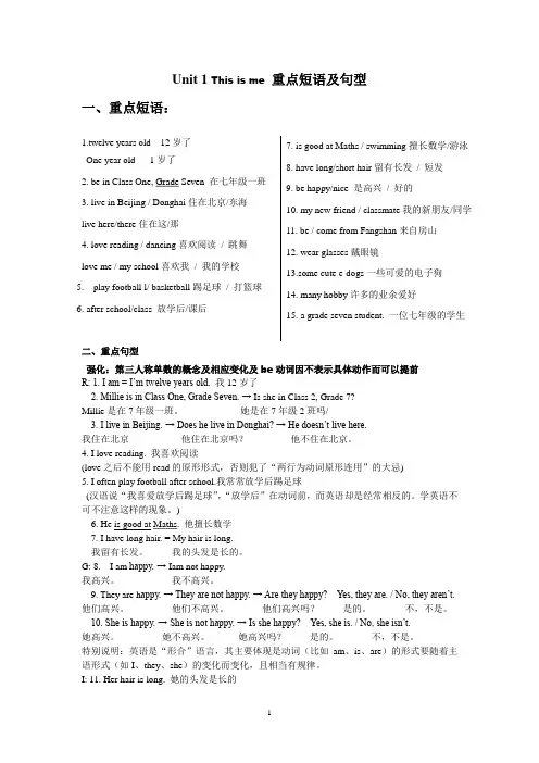 译林版英语七年级上册第一单元 重点词组与句型