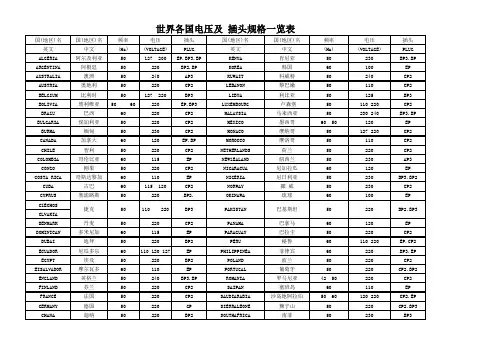 世界各国电压及插头规格
