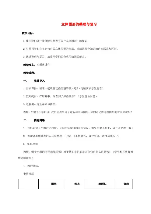六年级数学下册 立体图形的整理与复习 教案  人教新课标版