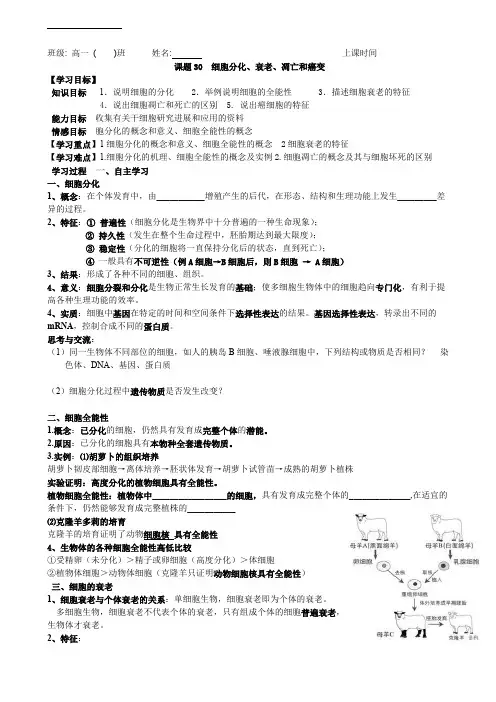 细胞分化、衰老、凋亡和癌变(最新整理)