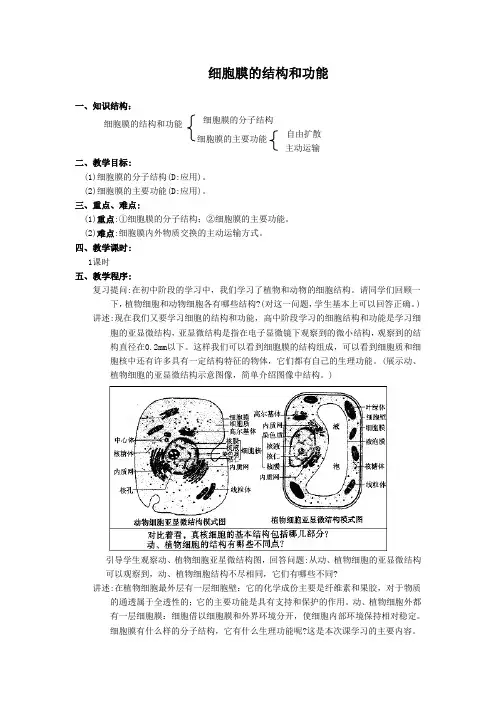 高一生物细胞膜的结构和功能